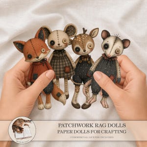 Patchwork Woodland Animal Dolls Clipart: Whimsical Rag Dolls for Junk Journaling (Digital Download)