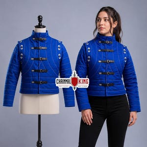Niebieska średniowieczna kurtka gambeson, pikowana zbroja HEMA, pikowany dublet, zbroja LARP, renesansowa