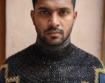 Medieval Black Chainmail Collar with Gold Trim – Handmade Armor by ChainmailKing