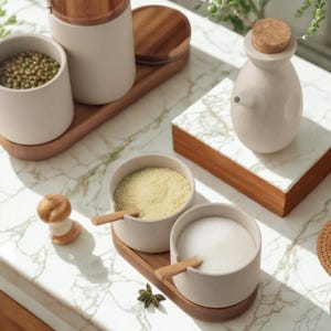 Puede incluir: Un conjunto de recipientes de cocina de cerámica beige con tapas y bases de madera. El juego incluye cuencos pequeños con cucharas de madera, un pequeño dispensador de aceite con tapón de corcho e ingredientes.