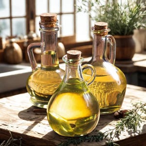 Puede incluir: Tres botellas de vidrio llenas de líquido amarillo, probablemente aceite, se exhiben sobre una superficie de madera. Cada botella tiene un asa y está sellada con un corcho. Las botellas están dispuestas en grupo, con luz natural.