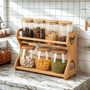 Handmade 2‑Tier Bamboo Spice Rack Organizer for Kitchen Countertop, No‑Assembly Seasoning Jar & Bottle Storage Shelf, Bamboo Pantry Holder