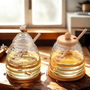 Könnte beinhalten: Zwei Honigtöpfe aus Glas, gefüllt mit Honig. Einer ist bienenstockförmig mit einem Glasdipper, der andere hat einen Holzdeckel und einen Löffel. Die Töpfe stehen auf einer Holzoberfläche.