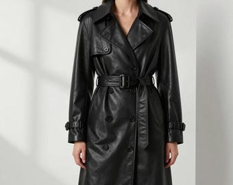 Women’s Gothic Black Leather Trench Coat, Steampunk Victorian Military Long Belted Punk Rock Overcoat, Real Sheep Leather Coat, Gift For Her
