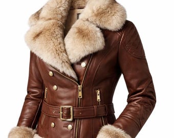Women’s Brown Shearling Leather Jacket – Fur Lined Aviator Coat, Vintage Style Biker Jacket, Sheepskin Winter Warm Moto Coat, Gift For Her