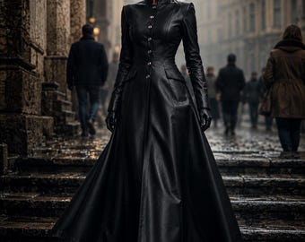 Black Leather Trench Coat Women, Gothic Long Coat, Dark Academia Victorian Jacket, Steampunk Winter Outerwear . Best Gift for Her