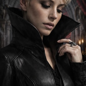 Women’s Gothic Steampunk Military Black Leather Trench Coat, Victorian Punk Rock Long Jacket Overcoat