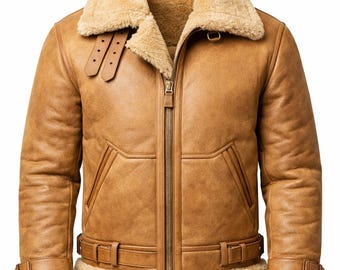 Men’s B3 Bomber Shearling Jacket – WWII Aviator Leather Coat – Genuine Sheepskin Flight Jacket – Handmade Brown Winter Outerwear