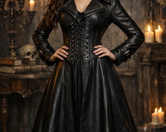 Women’s Black Leather Gothic Trench Coat – Corset Lace Up Back Long Victorian Jacket– Halloween – Dark Gothic Gift for Her