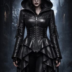Black Gothic Leather Hooded Jacket for Women, Corset Waist Jacket, Asymmetrical Hem Coat, Witchy Festival Gothic Clothing, Gift for Her
