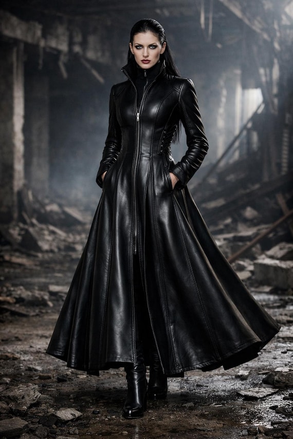 Black Leather Maxi Coat Women, Gothic Long Trench Coat, Matrix