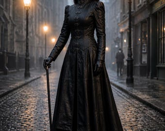 May include: A long black leather coat featuring a high collar, long sleeves, and a front closure with multiple metal buckles. The garment is worn with matching black leather gloves and black heeled boots, while a thin black walking cane is held.