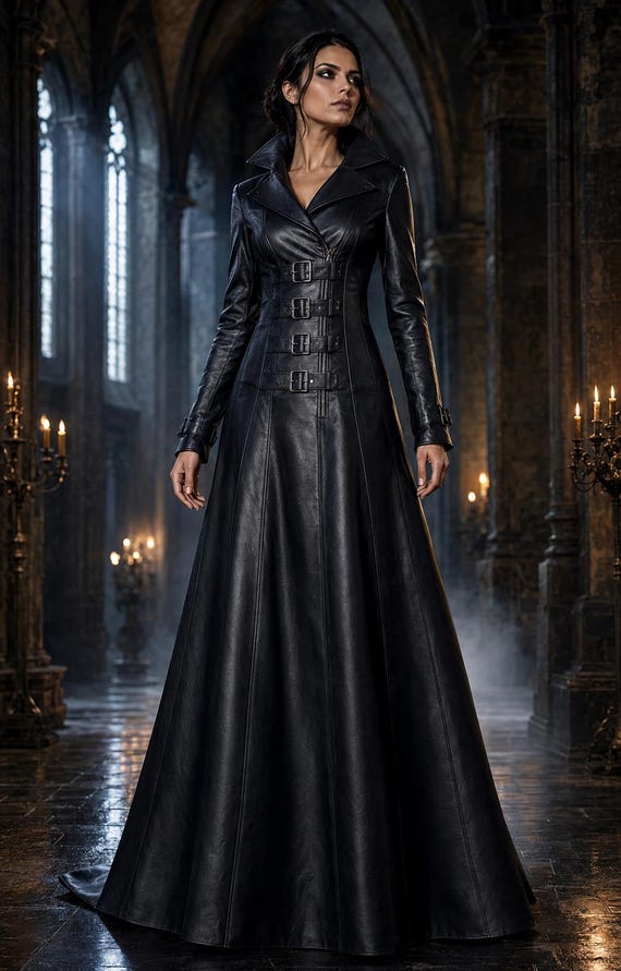 Women’s Black Gothic Leather Coat, Full Length Victorian Corset Trench Coat, Buckle Steampunk Jacket, Custom Made Goth Outerwear