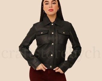 Women’s Black  Trucker  Leather Jacket – Genuine Leather Biker Jacket, Handmade Moto Cropped Style Black Sheep Leather Jacket, Gift For Her