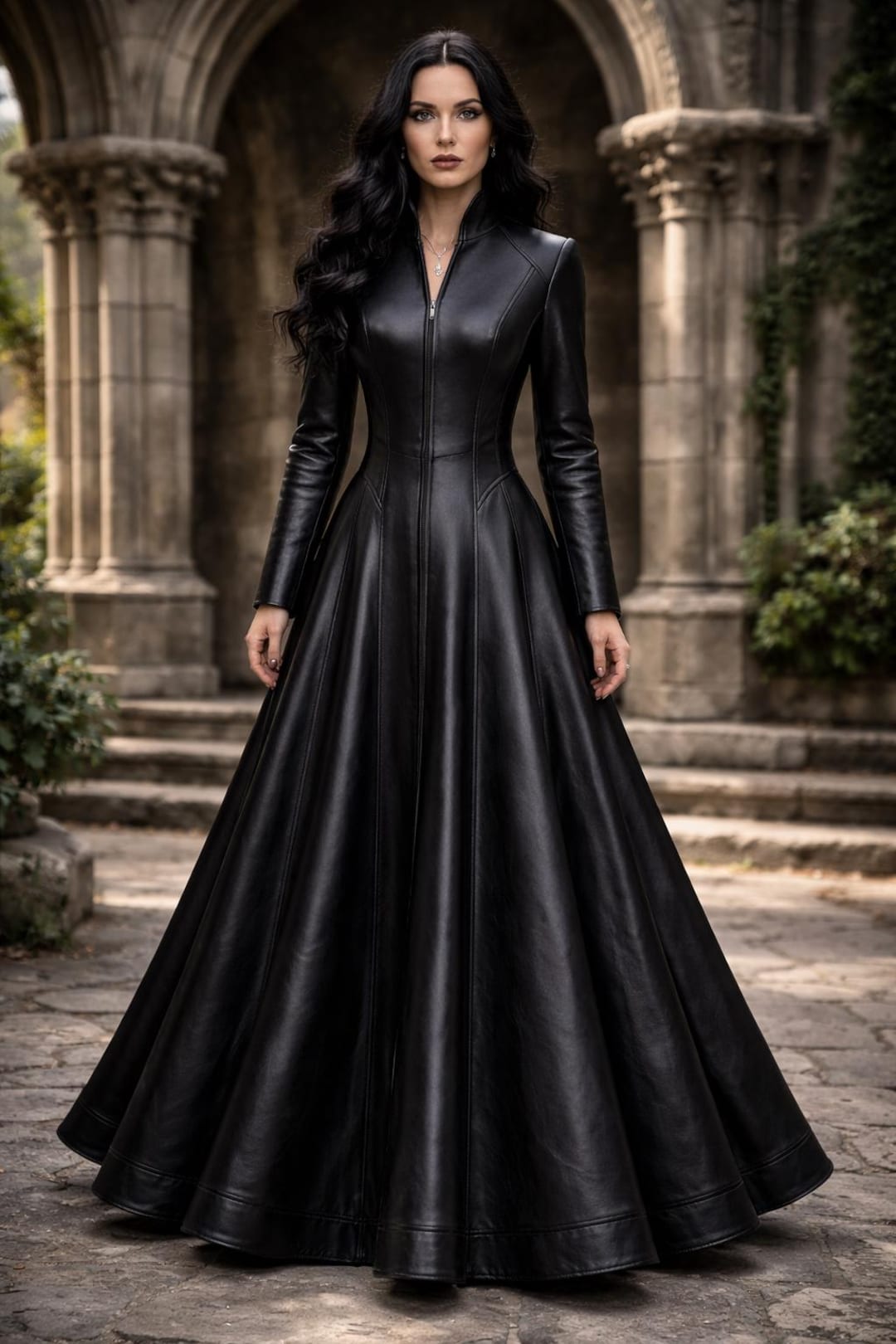 Vampire Formal Gothic Black Leather Maxi Dress, Corset Back Medieval Gown, Long Sleeve ...