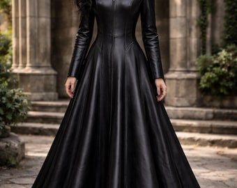 Gothic Black Leather Maxi Dress, Corset Back Medieval Gown, Long Sleeve Victorian Vampire Witch Dress, Dark Fantasy Formal Outfit. Gift
