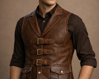 Premium Steampunk Leather Vest for Men – Handmade Victorian Gothic Waistcoat, Genuine Cowhide Western Biker Style, Gift For Him