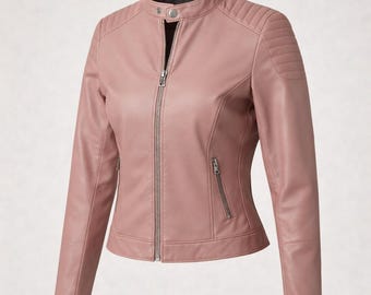 Vintage Victoria’s Secret Light Pink Leather Moto Jacket – Women’s cropped Biker Style with Zipper Details, 90s Y2K Blush Coat, Gift for Her