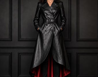 Black Leather Trench Coat Women, Red Satin Lining High Low Gothic Coat, Long Belted Steampunk Jacket, Victorian Winter Coat. Gift for Her