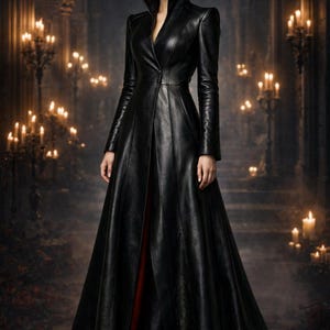 Damen Gothic Schwarzer Ledermantel, Langer viktorianischer Trenchcoat, Dark Queen Jacke, Vampirmantel mit hohem Kragen, Gothic Mode. Geschenk für sie