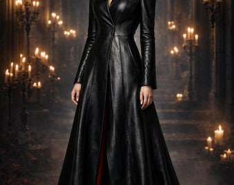Women’s Gothic Black Leather Coat, Long Victorian Trench Coat, Dark Queen Jacket, High Collar Vampire Coat, Gothic Fashion. Gift for her