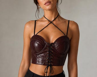 Burgundy Leather Corset Top, Lace Up Leather Bralette, Dark Brown Bustier Crop Top, Handmade Gothic Festival Top for Women .  Gift for Her