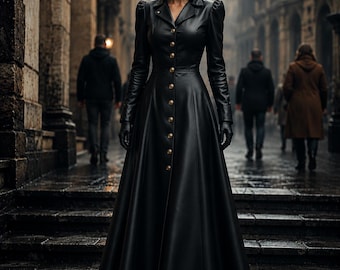 Black Leather Gothic Coat Dress, Victorian Long Trench Coat, Women Steampunk Riding Jacket, Best Gift for Her