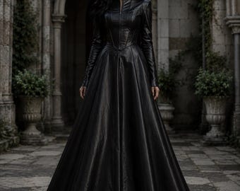 Women's Black Gothic Leather Coat Dress, Long Corset Lace Up Jacket, Medieval Victorian Style Women Couture Outfit . Gift for Her