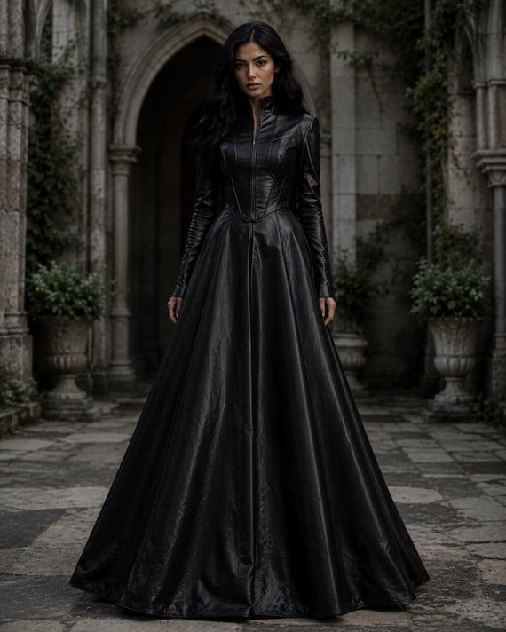 gothic leather dress Women's Black Coat Dress, Long Corset Lace Up Jacket, Medieval Victorian Style Women Couture Outfit . Gift for Her short leather dress