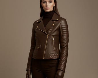 Giacca da motociclista in pelle marrone scuro da donna, giacca da motociclista in vera pelle, giacca in pelle marrone stile corto, giacca fatta a mano, regalo per lei
