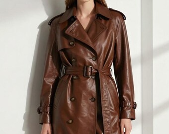 Handmade Women’s Brown Real Leather Trench Coat – Vintage Brown Belted Long Winter Coat, Classic Double Breasted Overcoat, Gift For Her