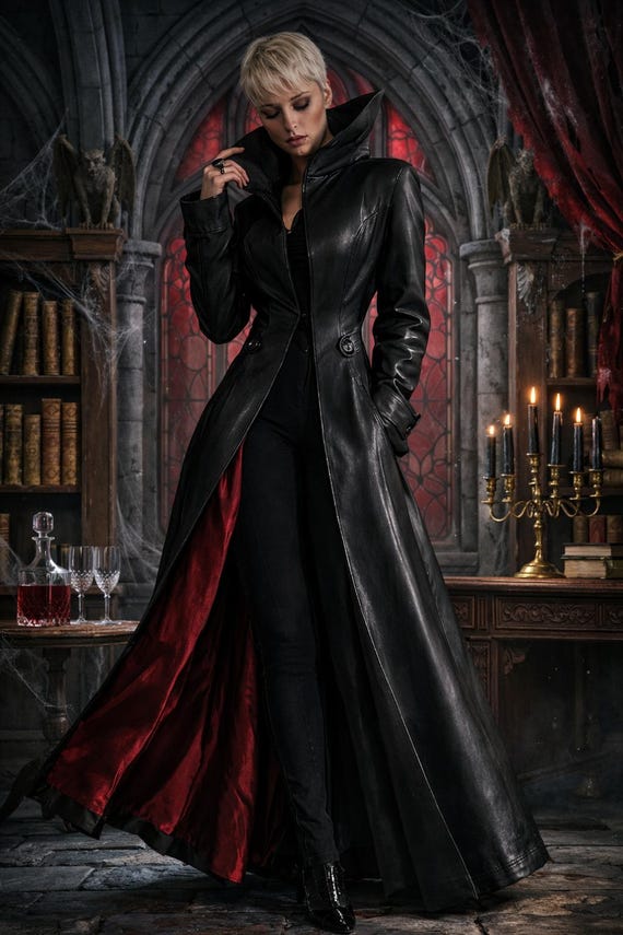 Women’s Gothic Vampire Coat, Long Black Leather Trench Coat, Red Lining Dramatic Halloween Cosplay Cloak, Dark Queen Victorian Style Jacket