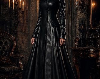 Black Gothic Leather Coat Women, Victorian Steampunk Corset Lace Up Long Trench Coat, Punk Witch Jacket, Halloween Costume . Gift for Her