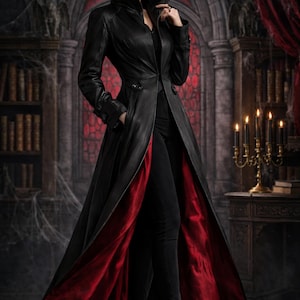 Women’s Gothic Leather Trench Coat – Steampunk Vampire Jacket – Victorian Long Black Coat – Cosplay Renaissance Overcoat – Red Corset Style