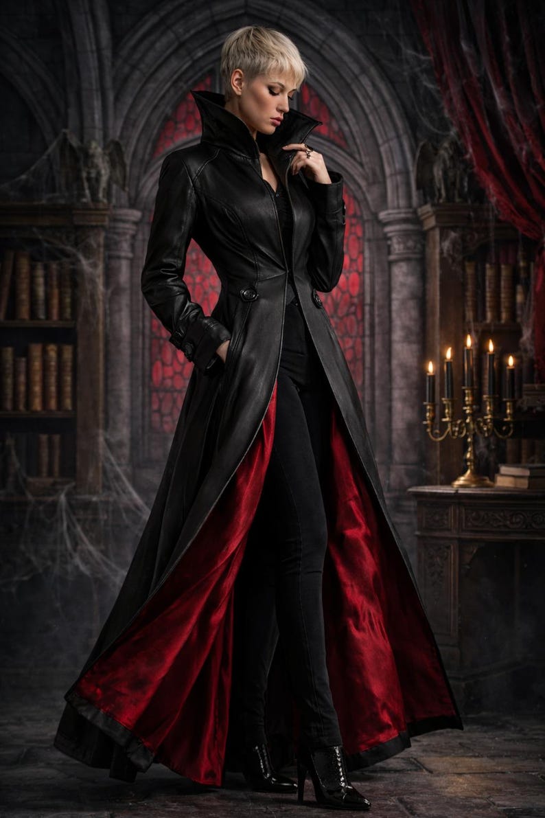 Women’s Gothic Leather Trench Coat – Steampunk Vampire Jacket – Victorian Long Black Coat – Cosplay Renaissance Overcoat – Red Corset Style