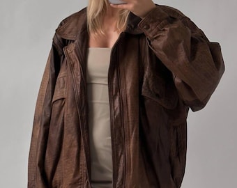 Oversized Brown Leather Bomber Jacket for Women, Vintage 90s Biker Coat, Real Leather Zip Jacket, Streetwear Moto Winter Jacket gift for her