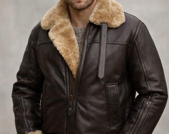Men’s Brown B3 Shearling Leather Jacket, Real Sheepskin Aviator Bomber Coat, Fur Lined Winter Flight Jacket, Gift for Him