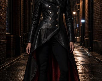 Black Gothic Sheep Leather Tailcoat Women, Victorian Steampunk Long Coat, Red Lining, Handmade Custom Leather Trench Coat . Gift for Her