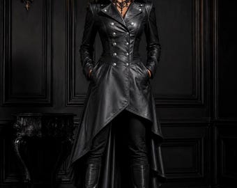 Women Black Leather Gothic Coat, High Low Trench Jacket, Victorian Steampunk Winter Outerwear . Best Gift for Her