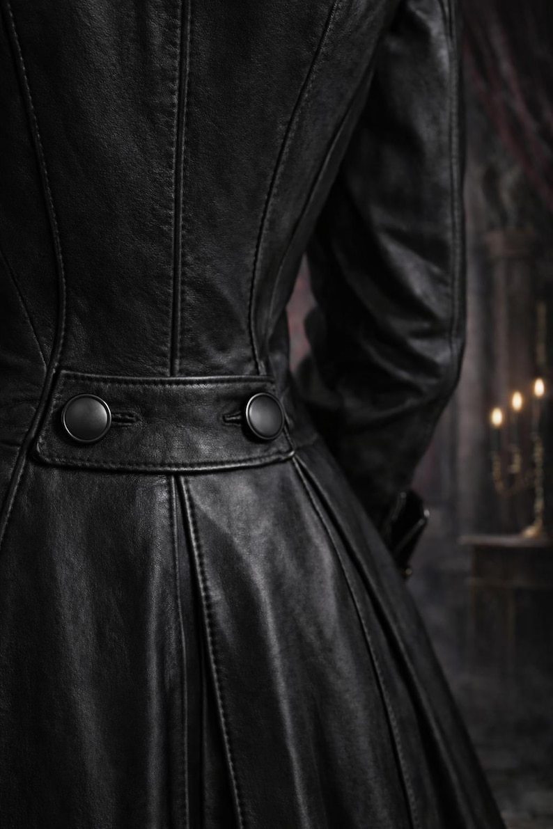 Women's Gothic Steampunk Black Leather Trench Coat, Handmade Vintage Full Length Overcoat Long jacket