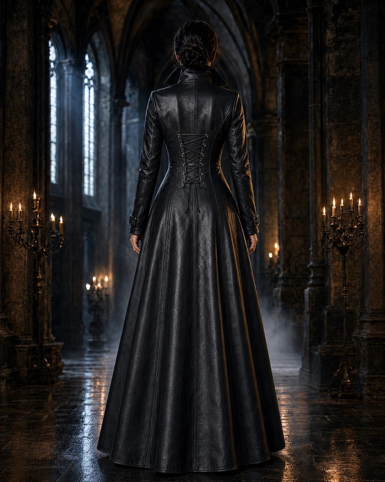 Gothic Black Leather Trench Coat for Women, Dark Romance Maxi Coat, Victorian Goth Jacket, Alternative Fashion, Witchy Long Coat. Gift . Women's Black Gothic Leather Coat Dress, Long Corset Lace Up Jacket, Medieval Victorian Style Women Couture Outfit . Gift for Her . Vintage 90s Black Leather Maxi Coat Genuine Leather Winter Coat Matrix Gothic Minimalist Long Leather Coat Germany S/M