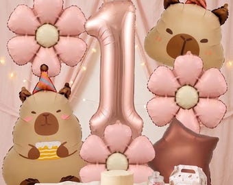 Globos de cumpleaños de capibara, flores rosas, globos con números del 1 al 9, decoración de fiesta de animales kawaii