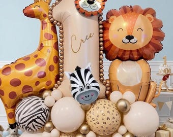 Ramo de globos con temática de animales de safari, decoración para fiesta de primer cumpleaños con temática de la selva