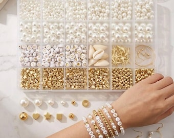 Kit para hacer pulseras de perlas, cuentas doradas con letras, dijes de conchas marinas, joyería costera DIY.