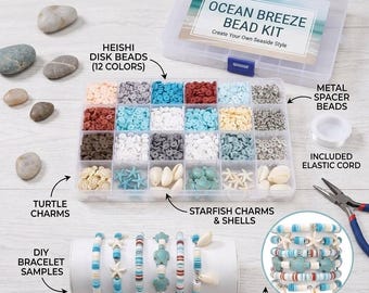 Kit para hacer pulseras de cuentas de arcilla con temática playera, conjunto de joyería DIY en azul y blanco, con conchas marinas y estrellas de mar.