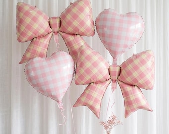 Globos con lazo y corazón a cuadros rosas – Set de decoración para fiestas Coquette