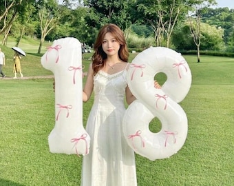 Globo grande blanco con forma de número y lazos rosas, decoración de cumpleaños Coquette de 81 cm