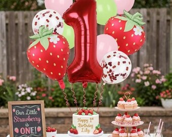 Guirnalda de globos de fresa para el primer cumpleaños, decoración para fiesta de cumpleaños, globo con número rojo