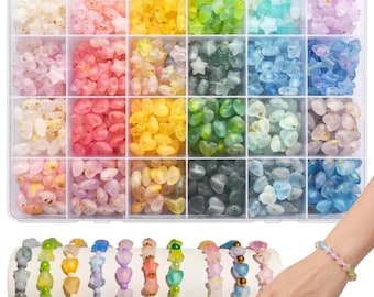 Kit para hacer pulseras con cuentas de corazones y estrellas en tonos pastel esmerilados, organizador de joyas con hojuelas de oro.