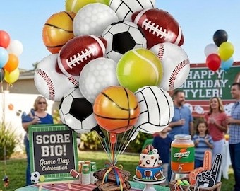 Ramo de globos deportivos: decoración para fiestas de béisbol, baloncesto, fútbol americano, tenis y golf.